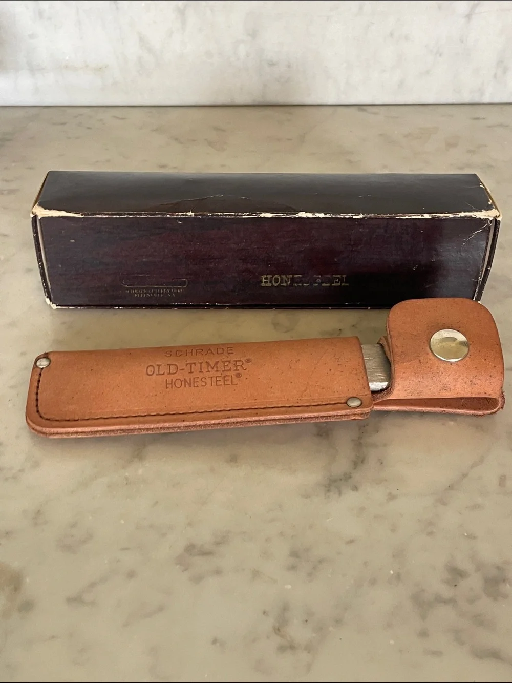 SCHRADE The Old-Timer Silver Honesteel Sharpener & Brown Leather Sheath IOB